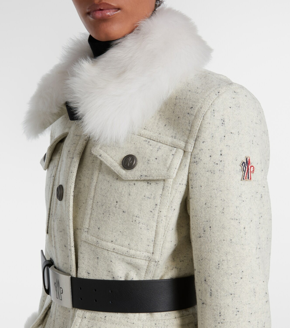 Moncler Grenoble Devez belted shearling-trimmed virgin wool down ski jacket