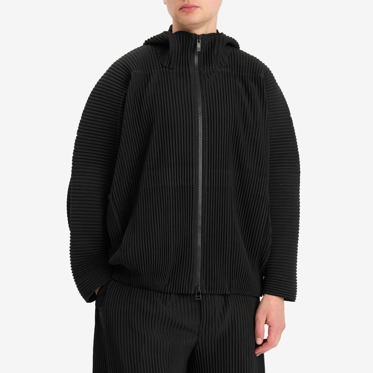 Homme Plissé Issey Miyake Men's Pleated Zip Hoody in Black Homme