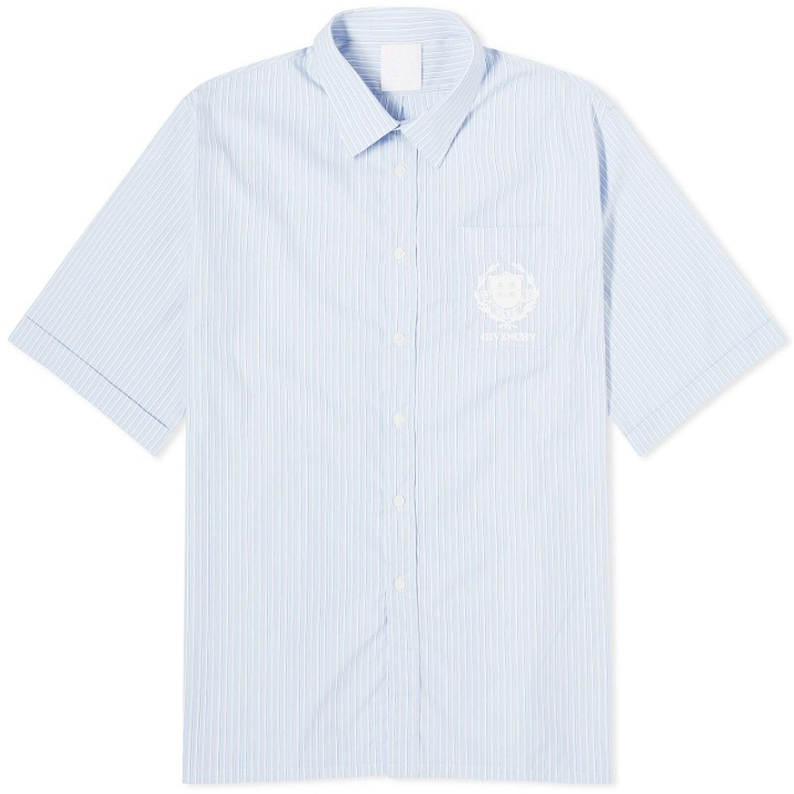 Photo: Givenchy Men's Crest Logo Stripe Short Sleeve Shirt in Light Blue