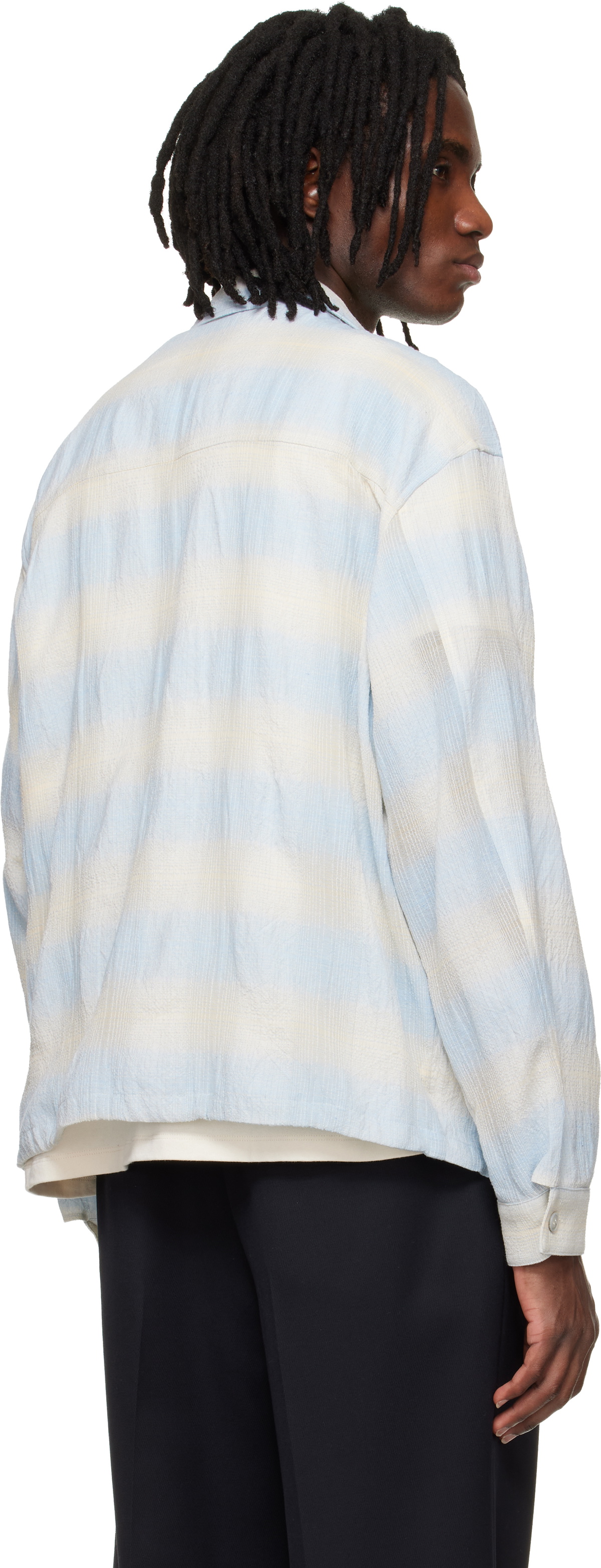 Solid Homme Blue & Beige Striped Zip-Up Shirt
