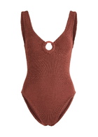 Hunza G - Celine Cut-Out Seersucker Swimsuit, Rose, One Size, V-Neck, Cut-Out Ring Detail, Machine Wash, Hunza G Cut Out