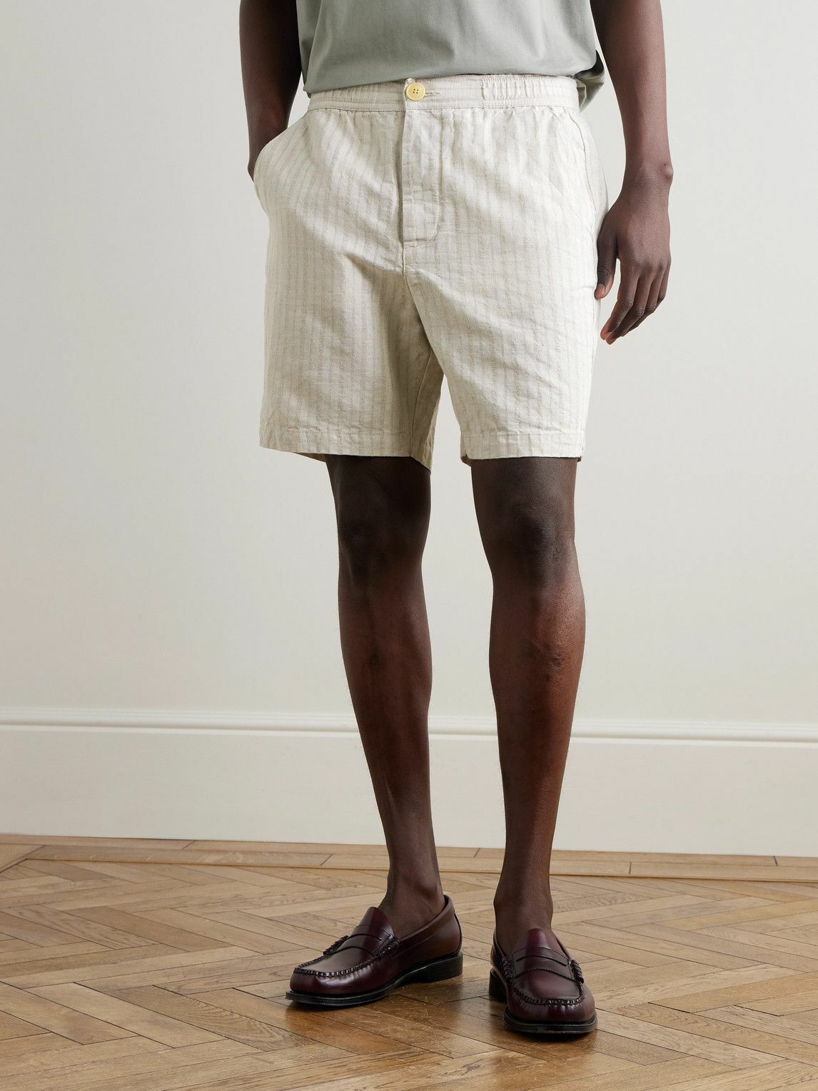Oliver Spencer - Osborne Straight-Leg Striped Linen and Cotton-Blend Shorts - Neutrals