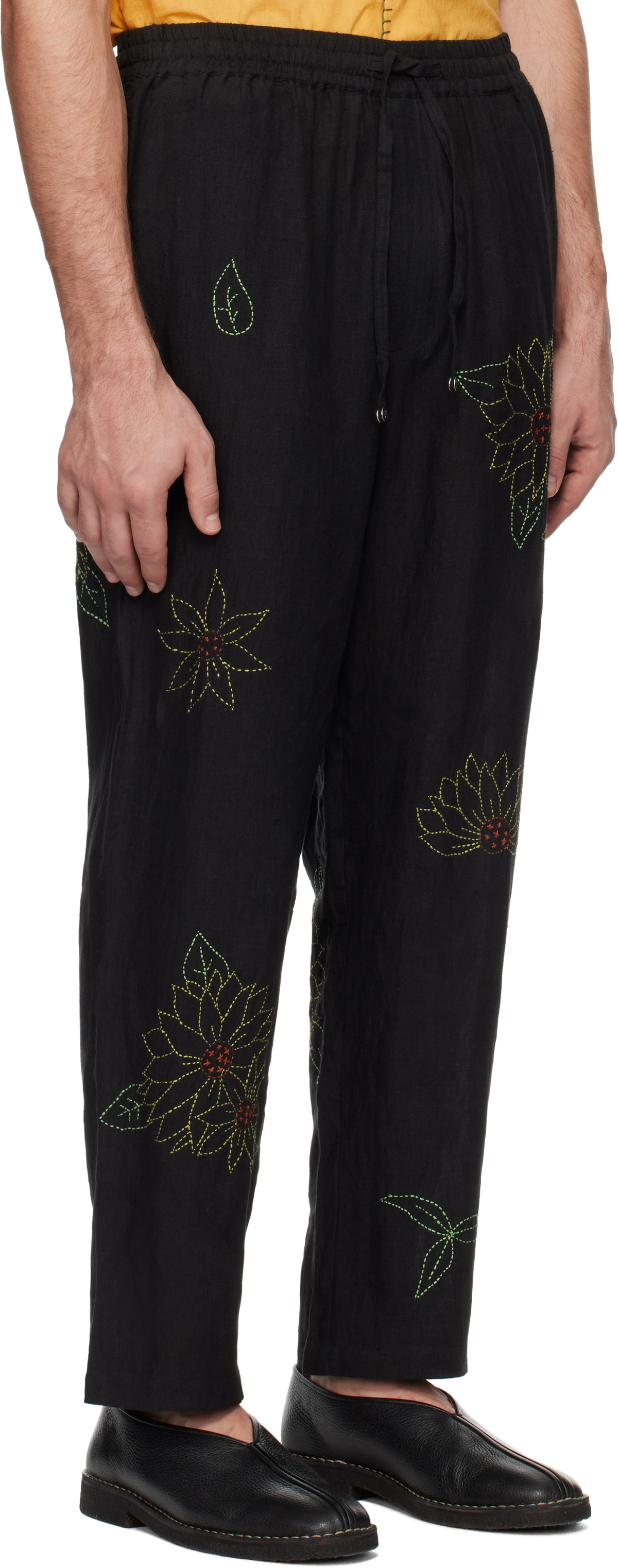 HARAGO Black Sunflower Embroidered Trousers