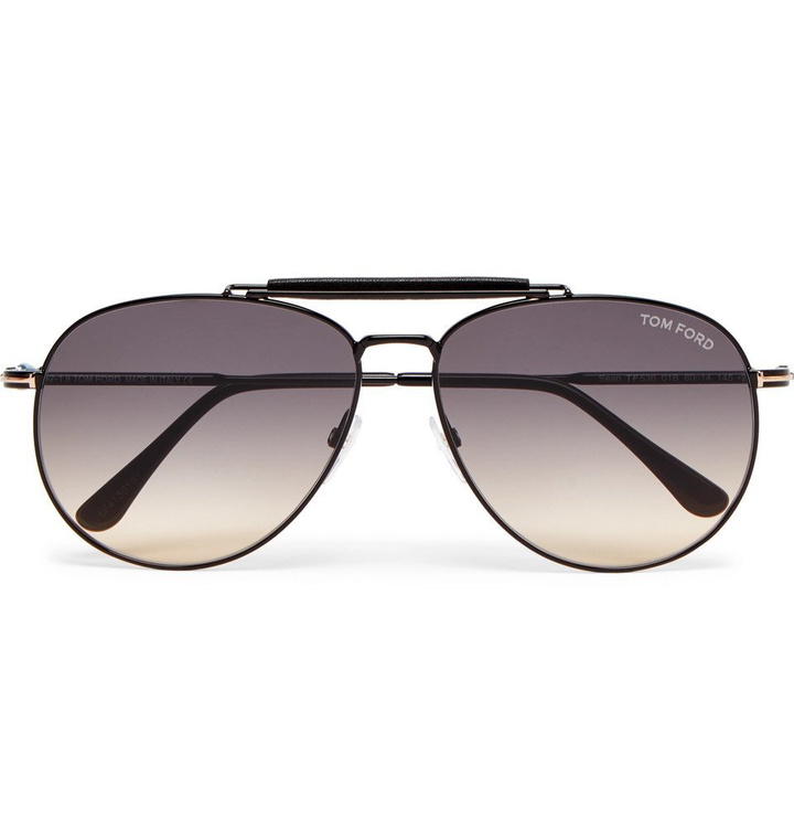 Photo: TOM FORD - Aviator-Style Leather-Trimmed Gunmetal-Tone Sunglasses - Gunmetal