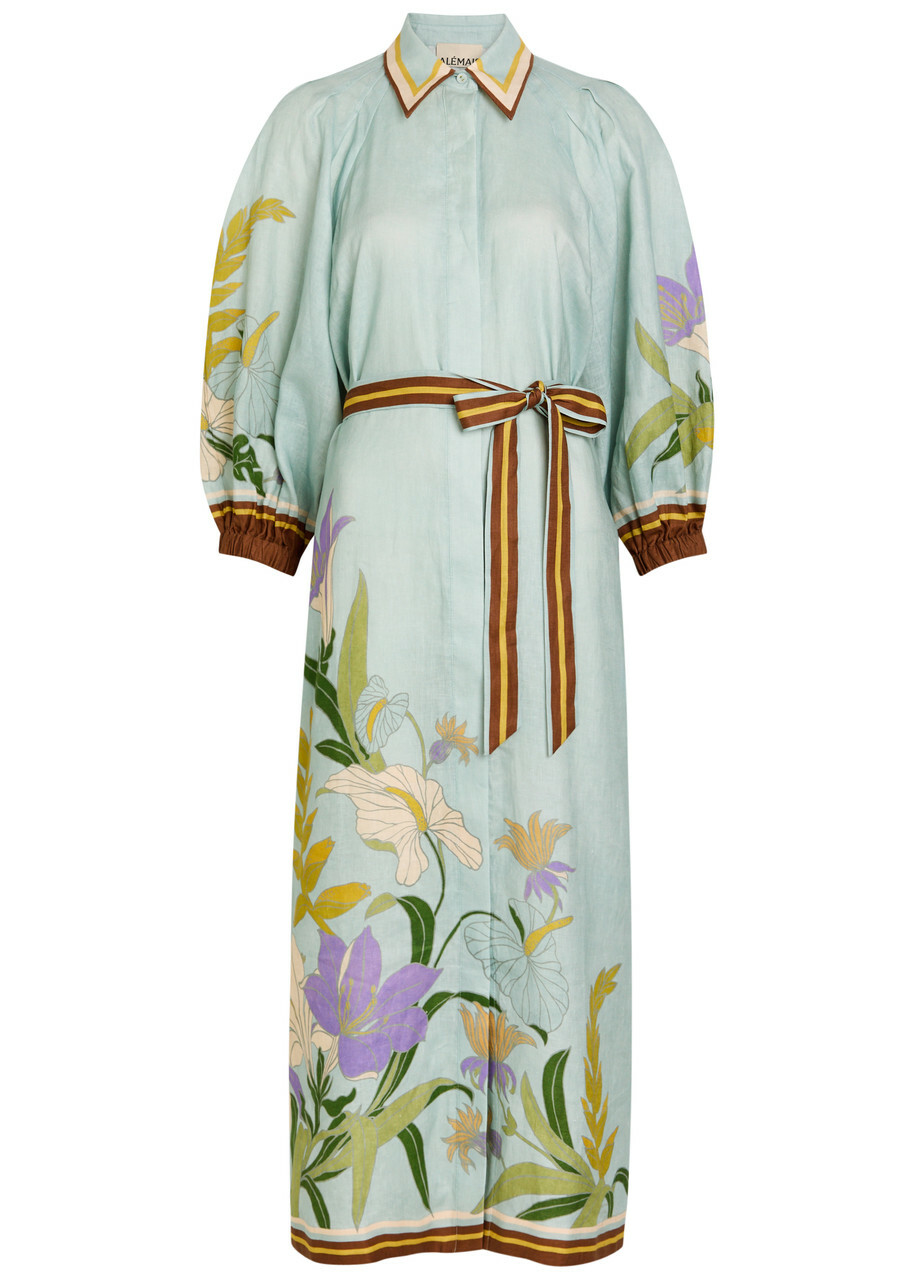 Alemais Alfie Belted Printed Linen Midi Shirt Dress Blue