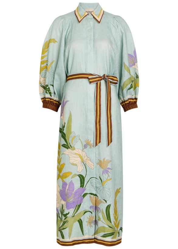 Photo: Alemais Alfie Belted Printed Linen Midi Shirt Dress Blue