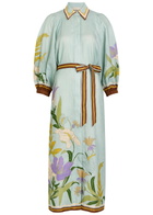 Alemais Alfie Belted Printed Linen Midi Shirt Dress Blue