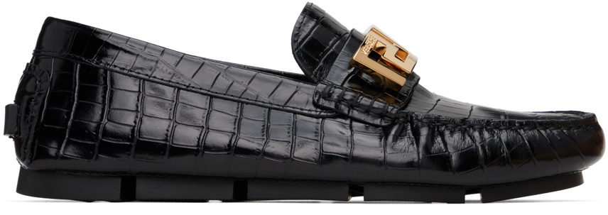 Versace croc-effect greca driving shoes Versace Black Croc-Effect Leather Driver Loafers Versace main image 2