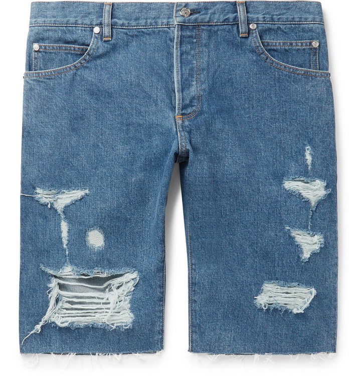 Photo: Balmain - Slim-Fit Logo-Embroidered Distressed Denim Shorts - Men - Blue
