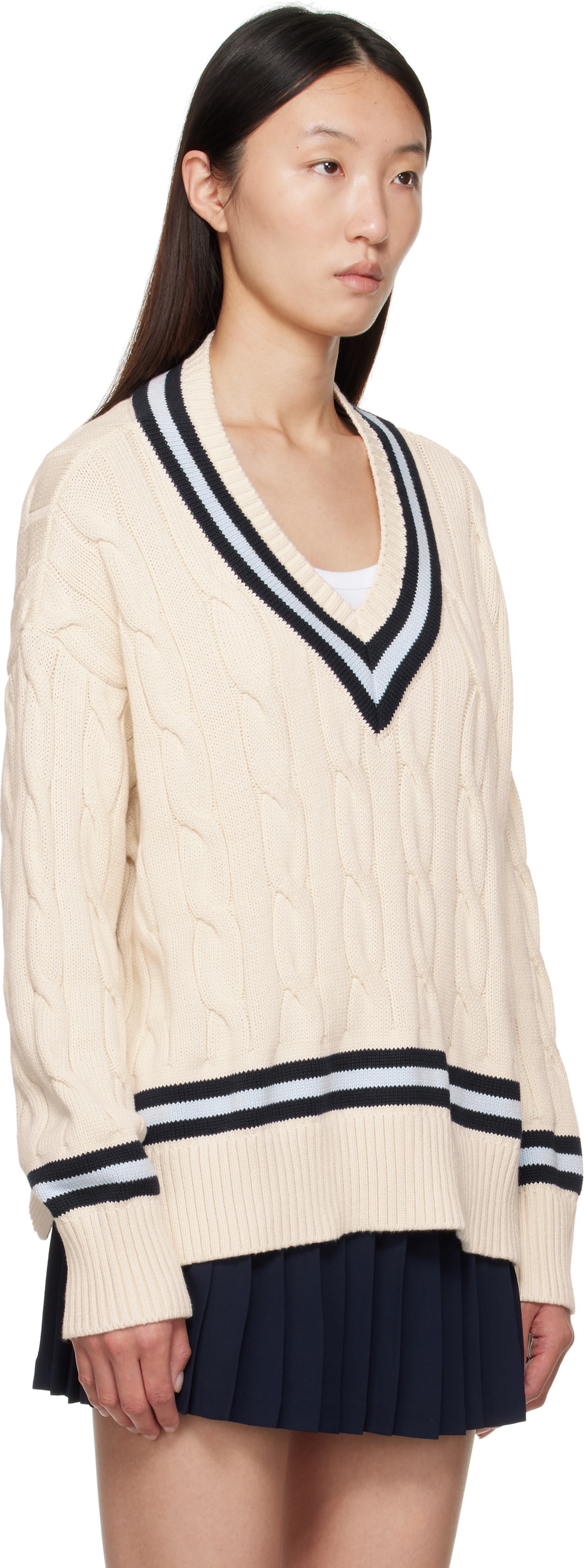 Sporty & Rich Off-White 'SRC' Cableknit V-Neck Sweater