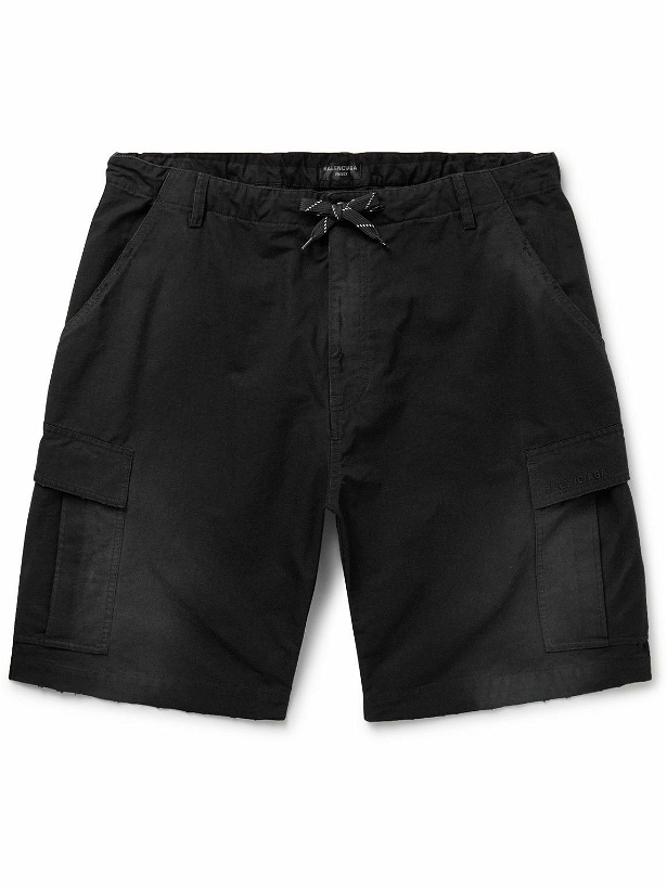 Photo: Balenciaga - Wide-Leg Distressed Cotton-Ripstop Drawstring Cargo Shorts - Black