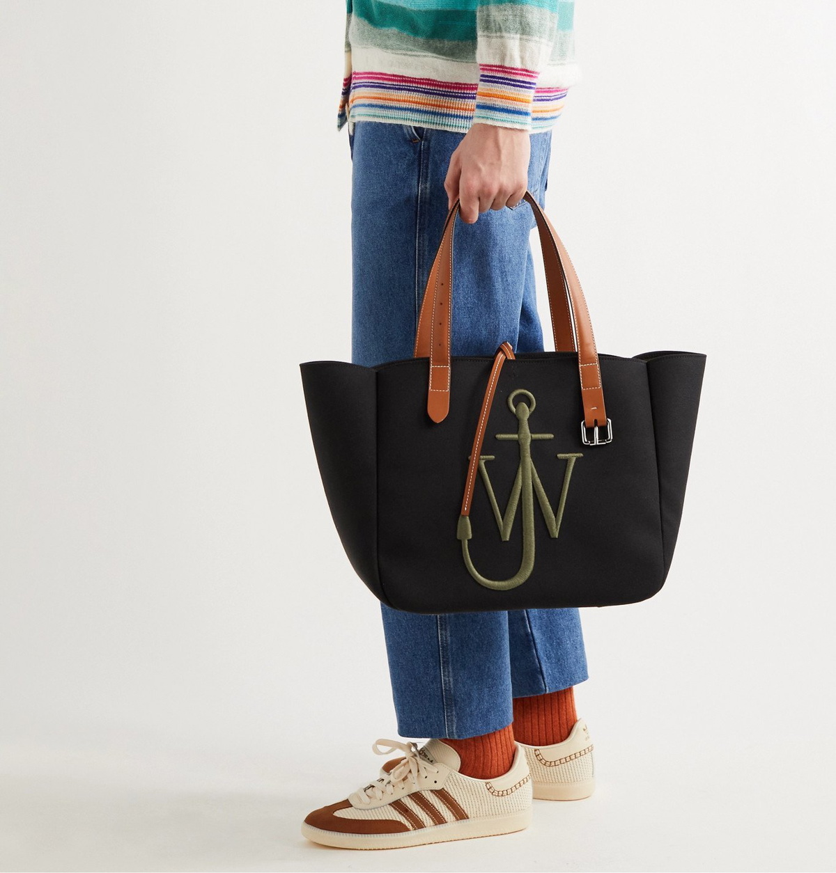 Large Logo-Embroidered Leather-Trimmed Canvas Tote Bag
