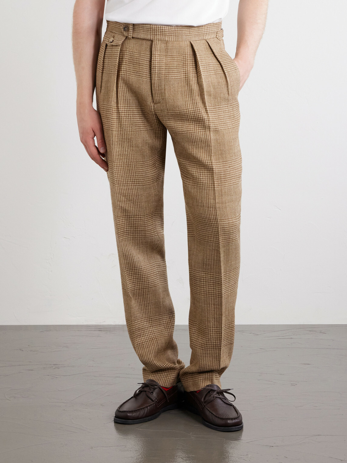 Polo Ralph Lauren - Straight-Leg Pleated Houndstooth Linen, Silk and Wool-Blend Trousers - Neutrals