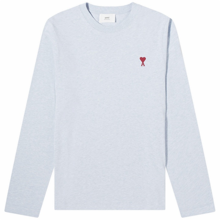 Photo: AMI Paris Men's Long Sleeve Small A Heart T-Shirt in Heather Cashmere Blue