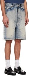 We11done Blue Embroidery Washed Denim Shorts