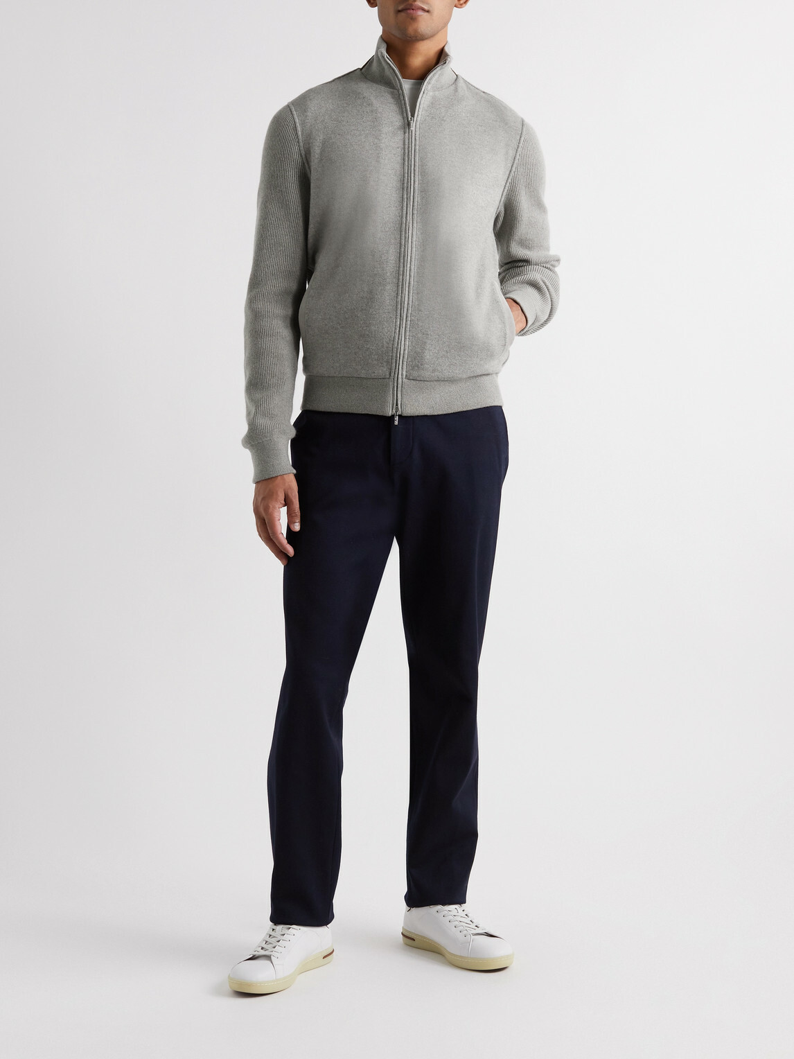 Loro Piana - Suede-Trimmed Cashmere-Blend Zip-Up Cardigan - Gray