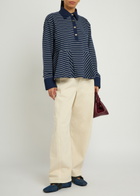 Ganni Striped Peplum Piqué Cotton Polo Shirt Navy