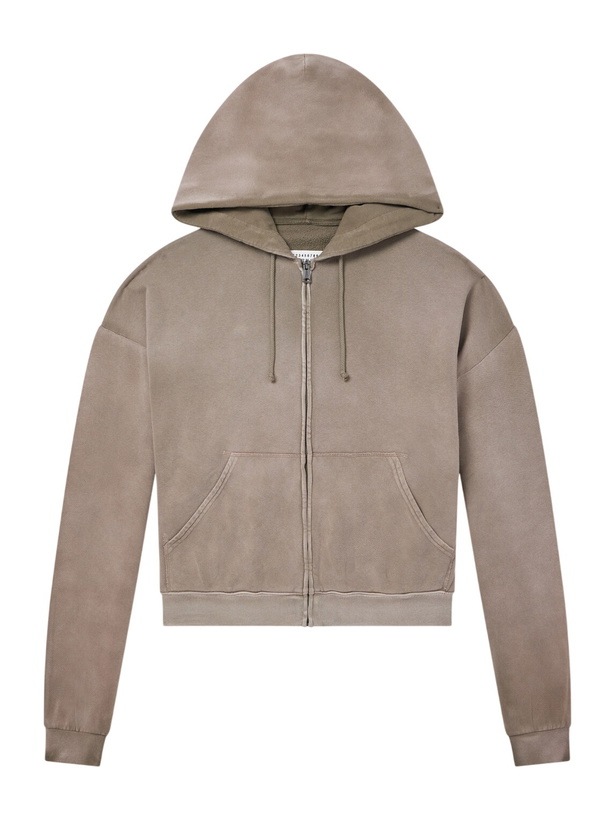 Photo: Maison Margiela - Distressed Cotton-Jersey Zip-Up Hoodie - Brown