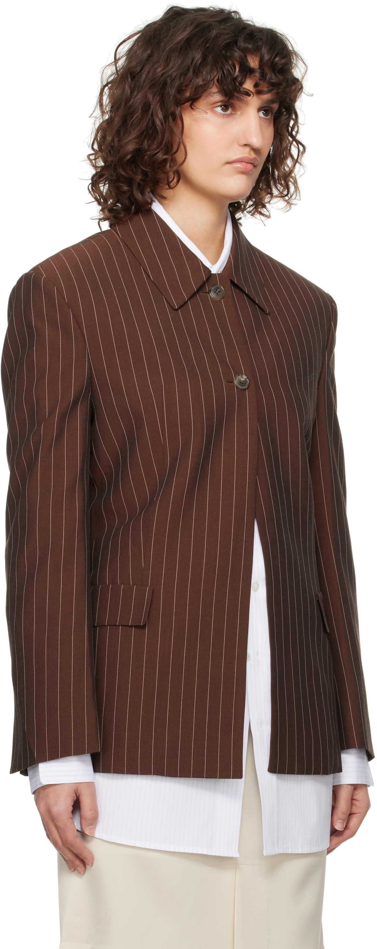 RECTO Brown Classic Collar Pin Stripe Single Jacket