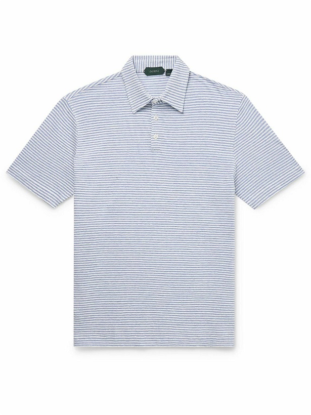 Photo: Incotex - Slim-Fit Striped Linen and Cotton-Blend Polo Shirt - Blue
