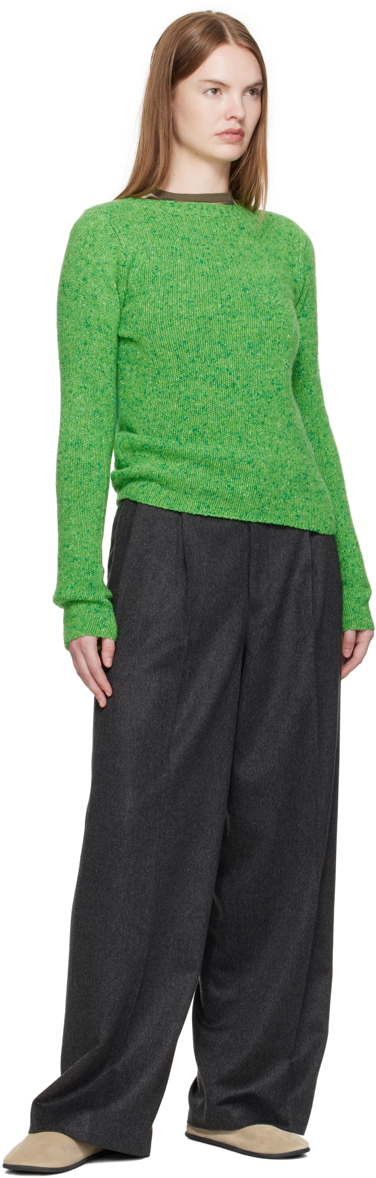 AURALEE Green Cashmere Melange Knit Sweater