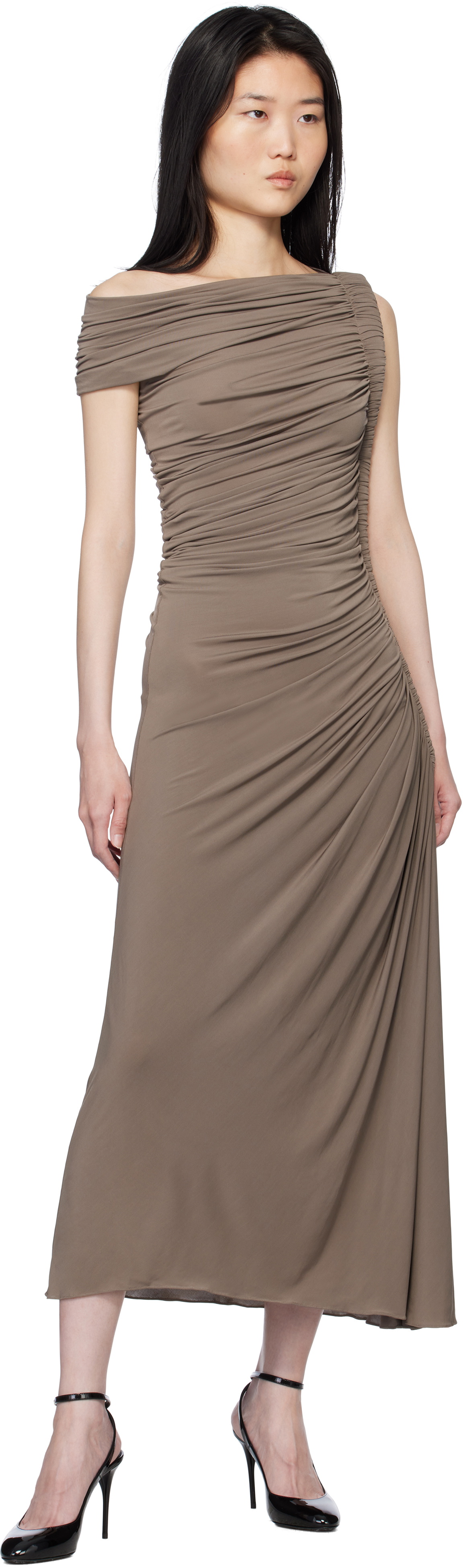 ALAA Taupe Asymmetric Pipe Midi Dress ALAA ALAA Taupe Asymmetric Pipe Midi Dress ALAA