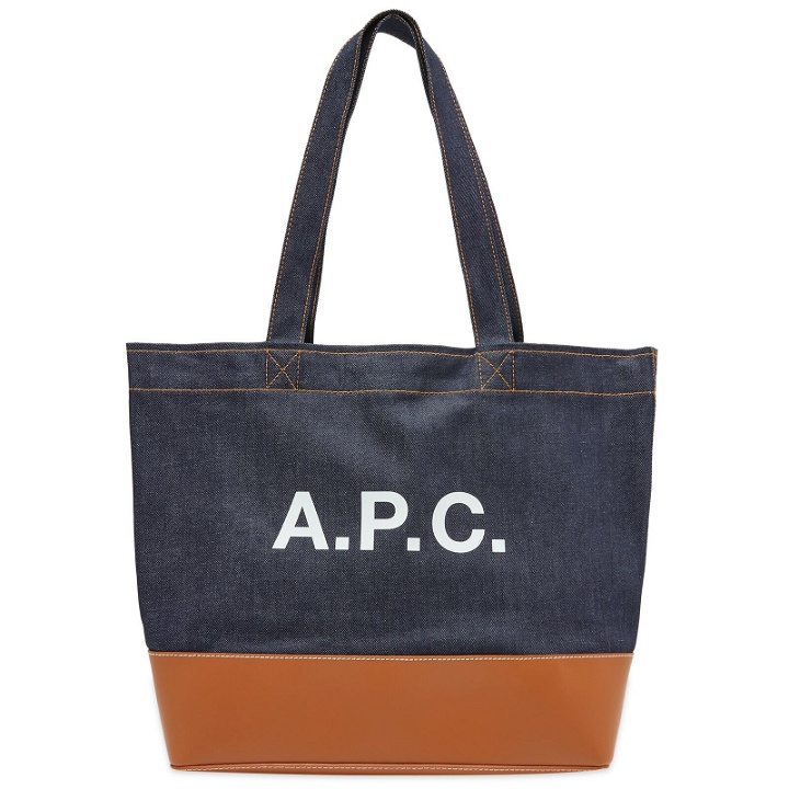 Photo: A.P.C. Men's Large Axel Denim & Leather Tote in Caramel