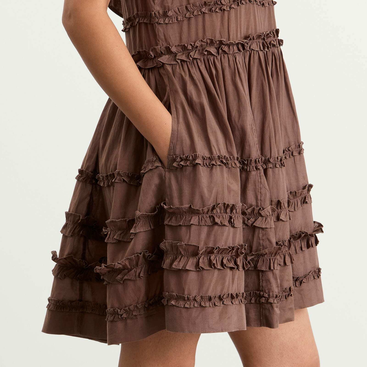 Damson Madder Women's Reed Drop Waist Ruffle Midi Dress in Choc