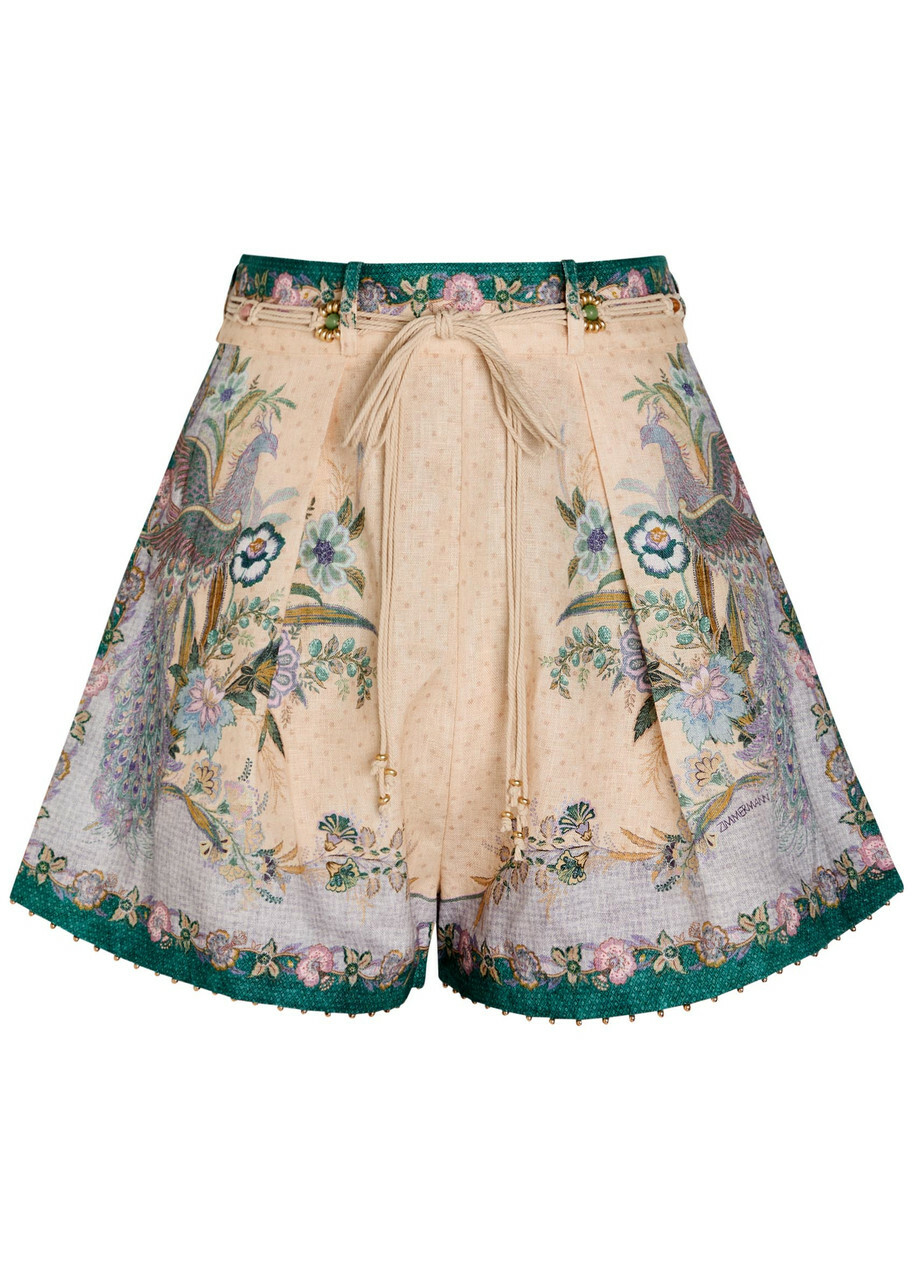 Zimmermann Indra Printed Belted Linen Shorts Cream