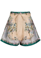 Zimmermann Indra Printed Belted Linen Shorts Cream