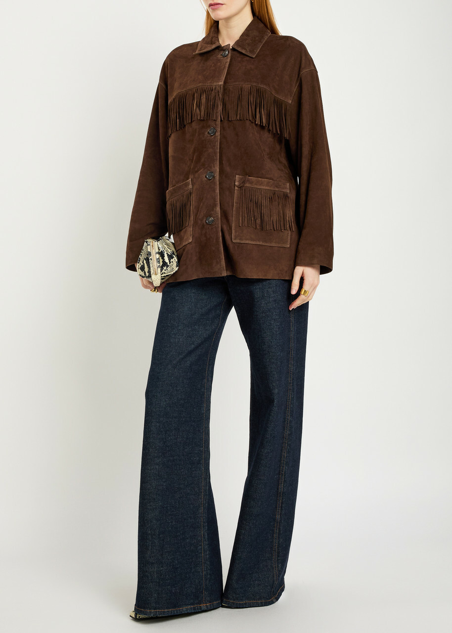 Nili Lotan Foudre Fringed Suede Jacket Dark Brown