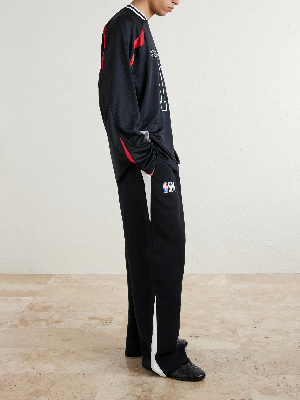 Balenciaga - NBA Wide-Leg Logo-Embroidered Cotton-Jersey Sweatpants - Black