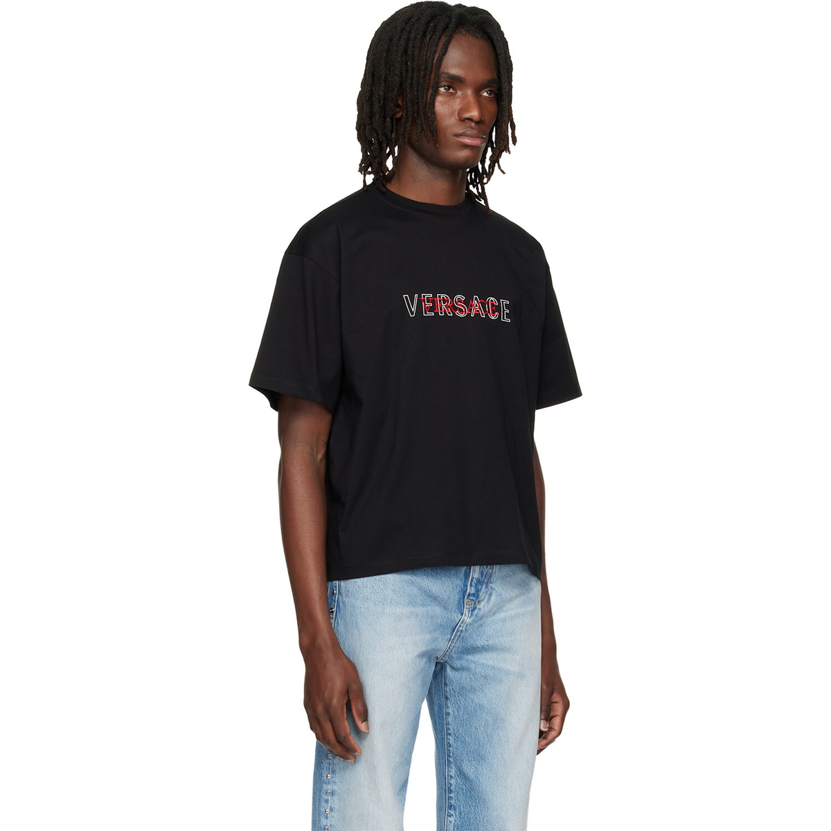 Versace Black Embroidered-Logo Cotton-Jersey Regular T-shirt