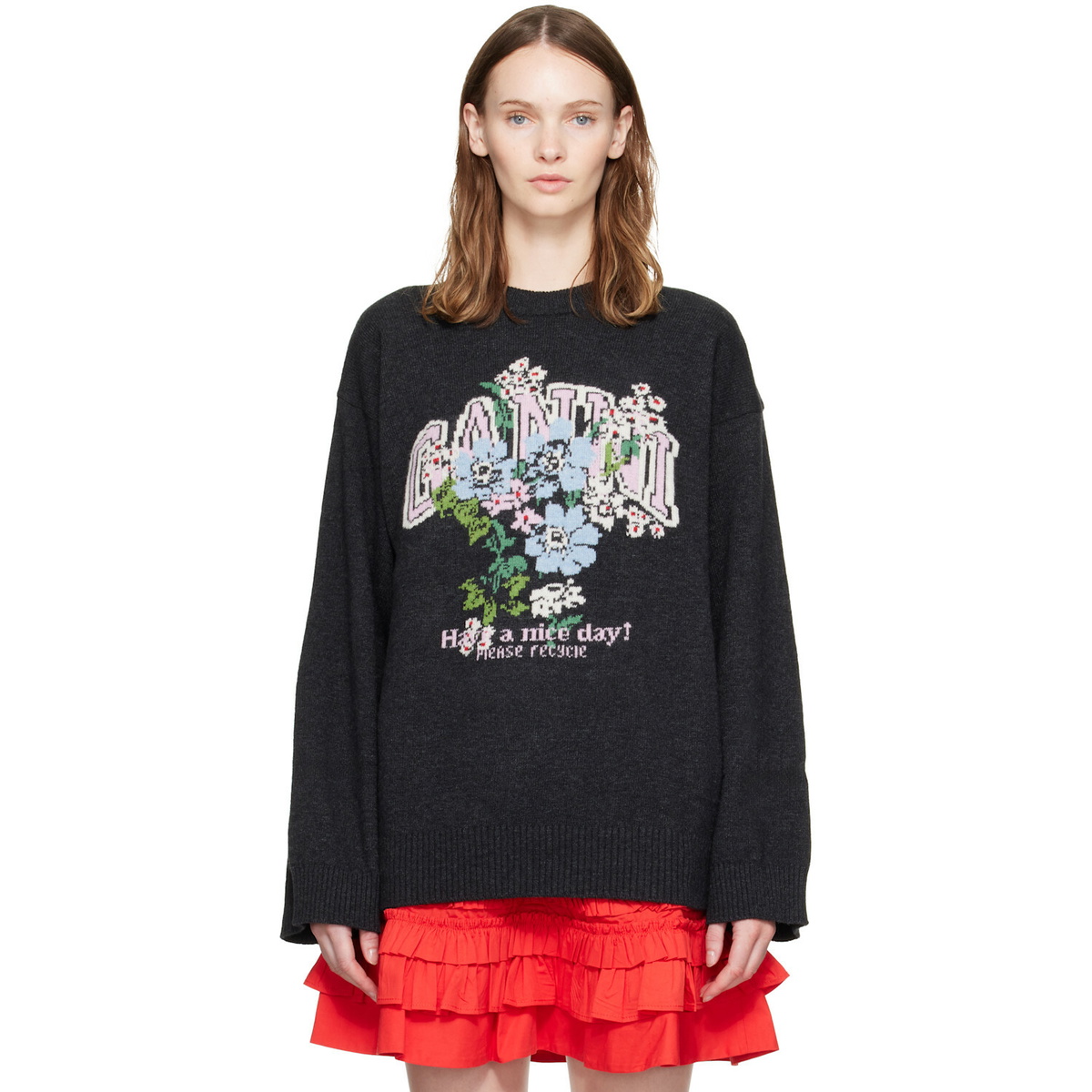 GANNI Black Wool Flowers Oversized Sweater