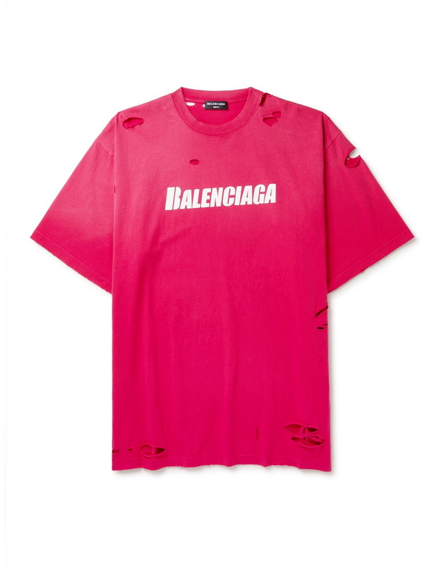 Photo: BALENCIAGA - Oversized Distressed Logo-Print Cotton-Jersey T-Shirt - Pink