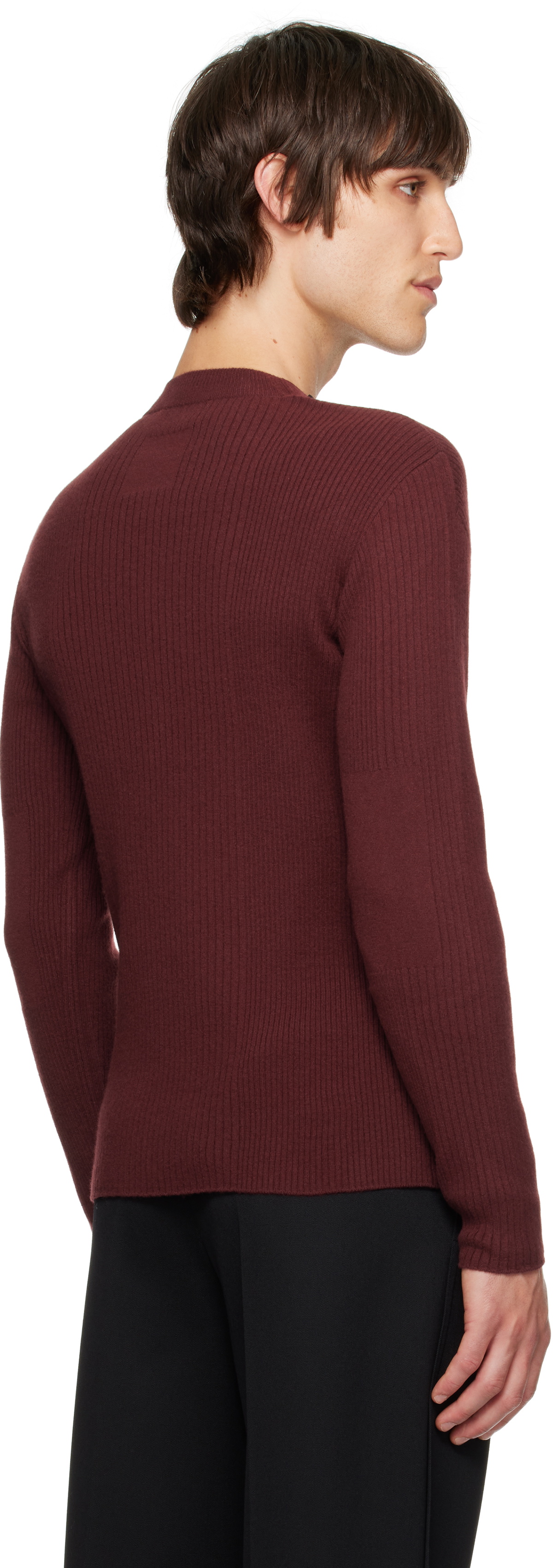 Lanvin Burgundy Ribbed V-Neck Sweater