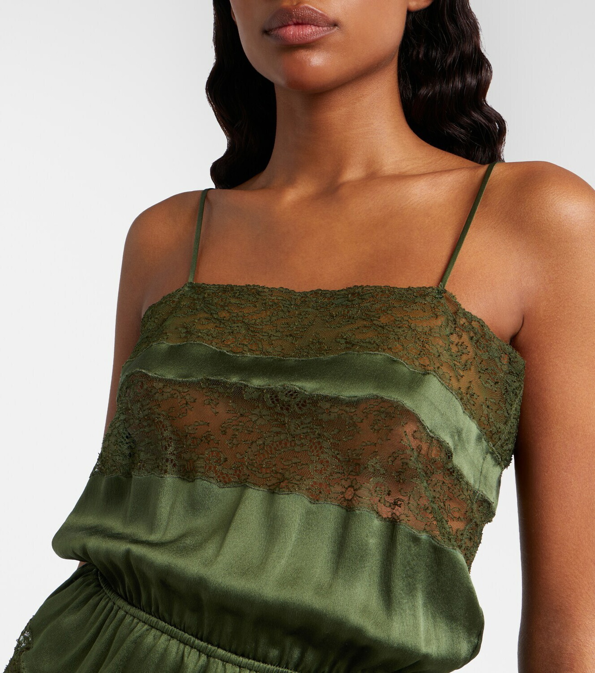 Saint Laurent Lace-trimmed silk satin romper