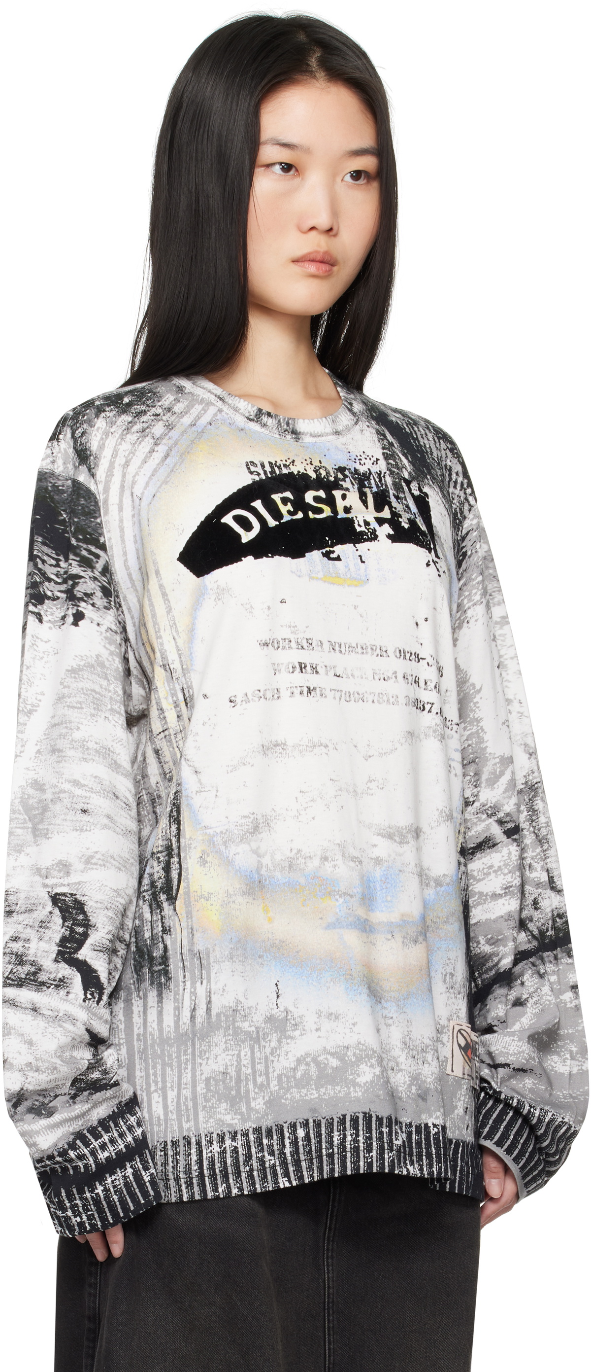 【関税込み】Diesel グレー T-Crane LS-Fur Tシャツ T-CRANE-LS-FUR Long-sleeve T-shirt with fuzzy trims｜グレー