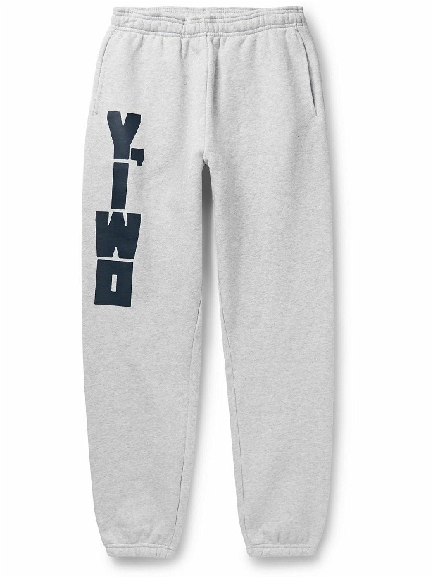 Photo: Y,IWO - Tapered Logo-Print Cotton-Jersey Sweatpants - Gray