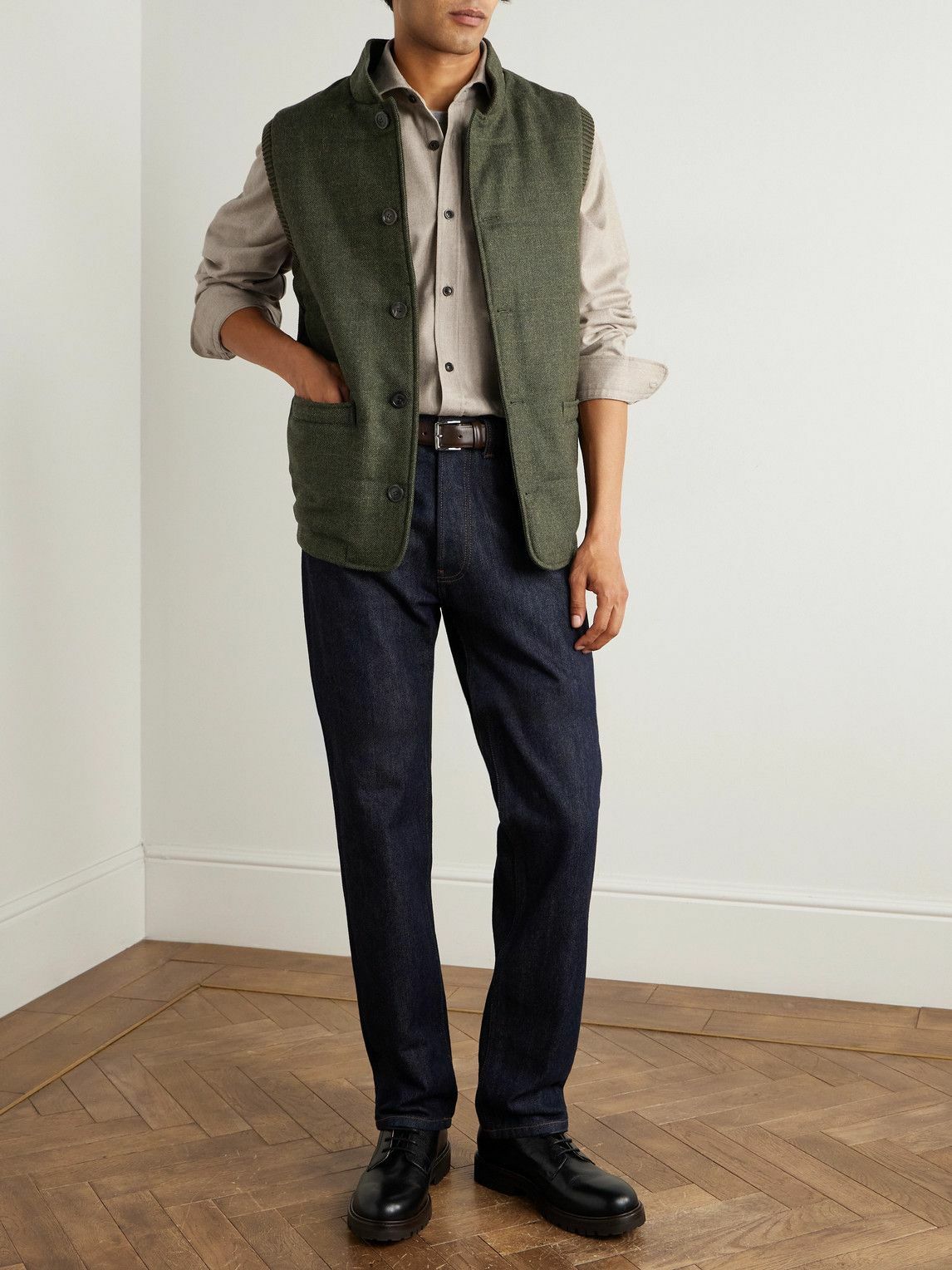 Purdey - Padded Herringbone Wool-Blend Gilet - Green