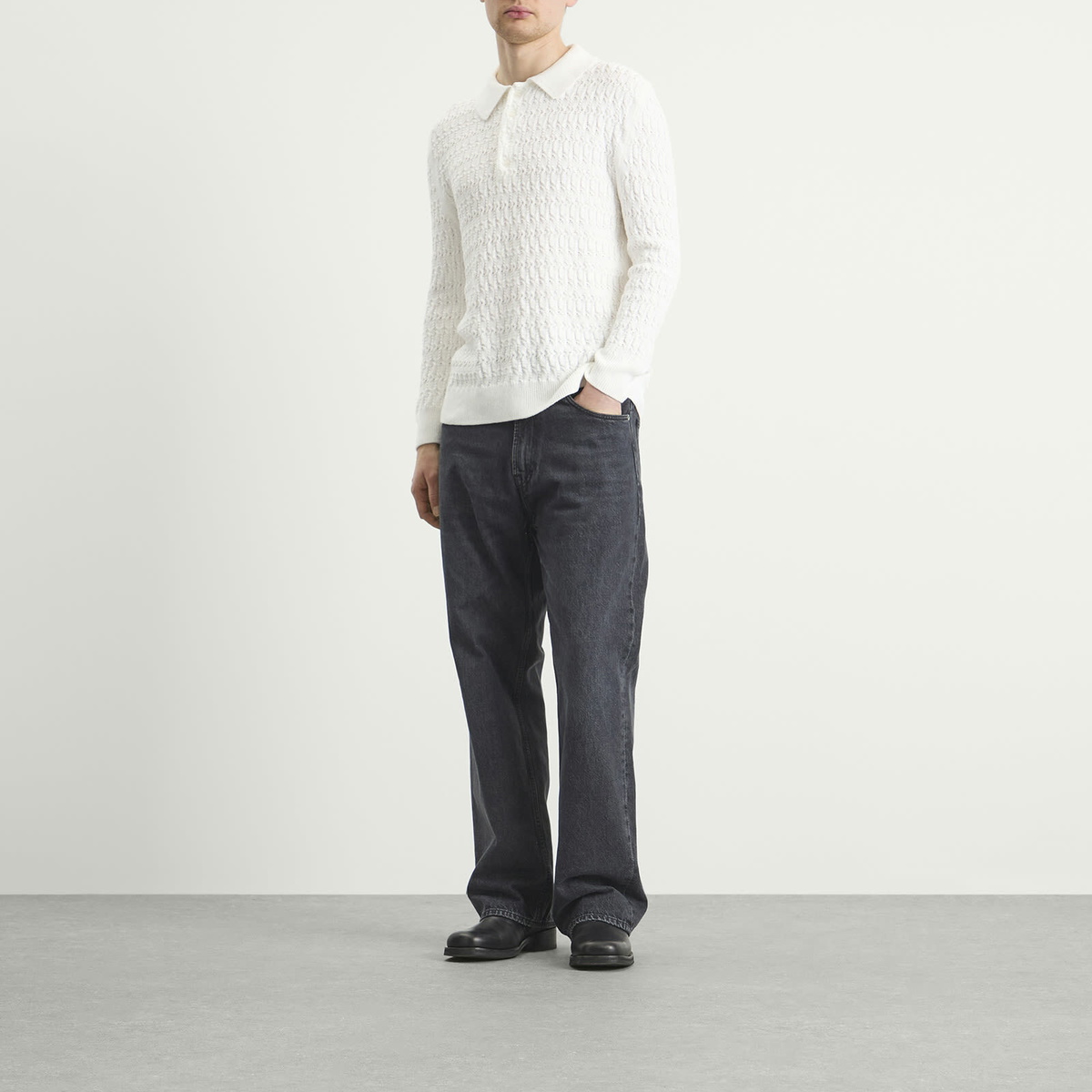 Carter Young Men's Cable Polo Sweater in Cream