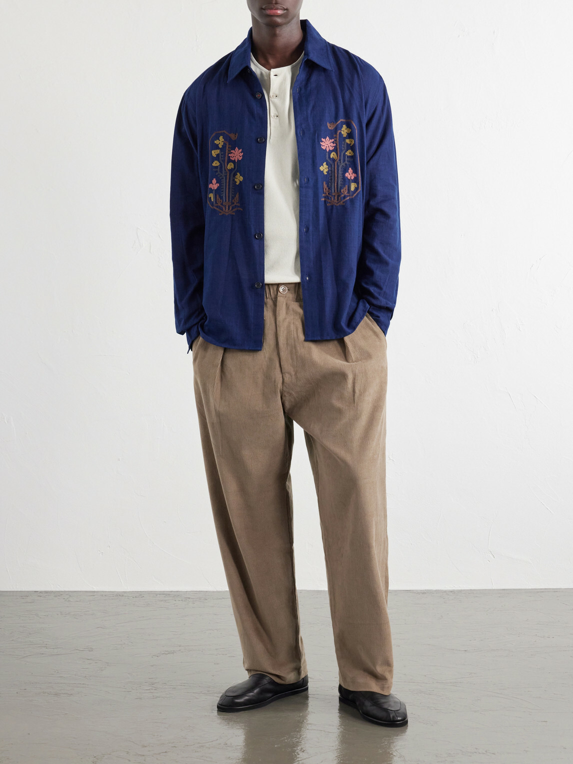 Kardo - Taka Straight-Leg Emrboidered Cotton-Corduroy Trousers - Neutrals
