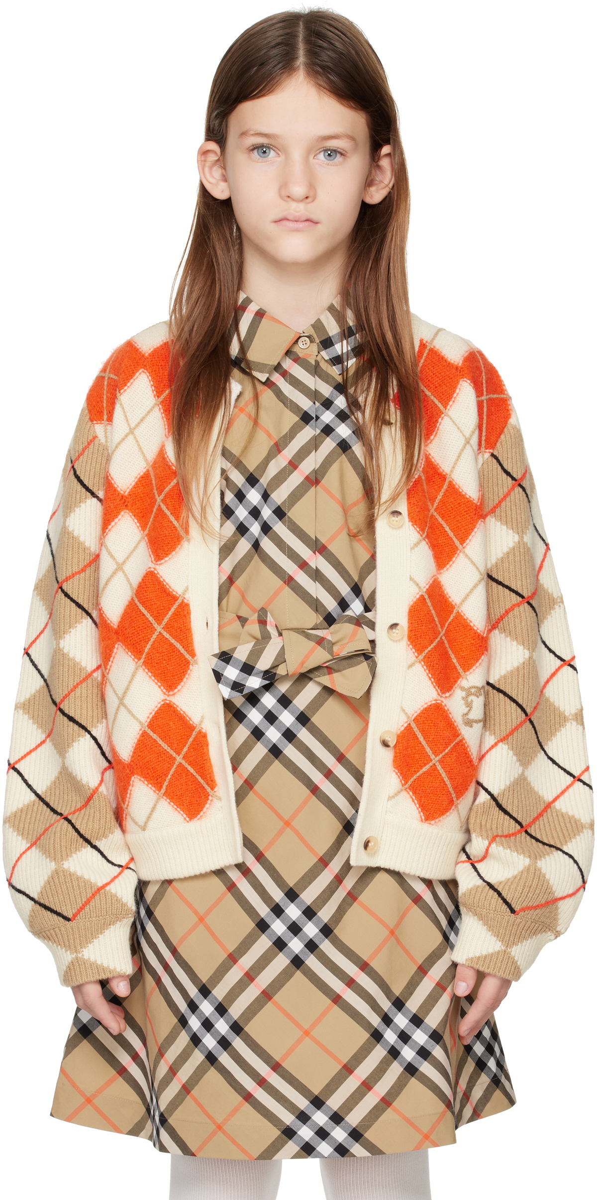 Burberry Kids Orange Argyle Wool Cardigan