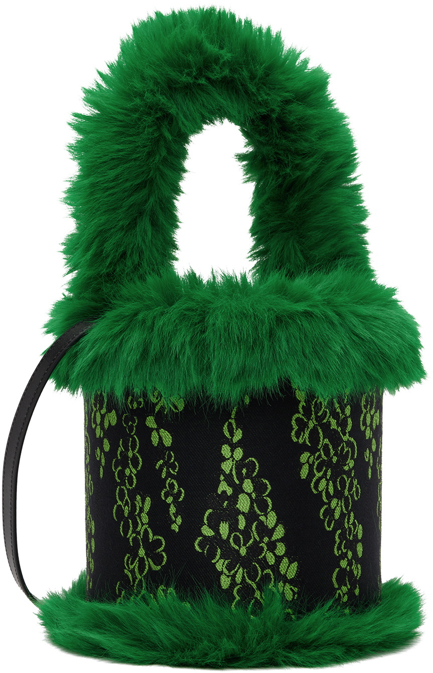 SHUTING QIU Green & Black Jacquard Patchwork Bucket Bag