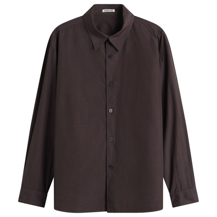 Photo: Auralee Men's Garment-Dyed Shuttle Weather Shirt in Dark Brown