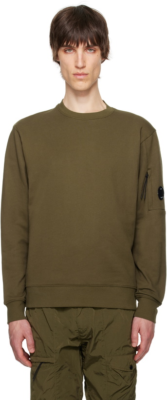 Photo: C.P. Company Khaki Diagonal Raised Fleece Crewneck Lens Sweatshirt