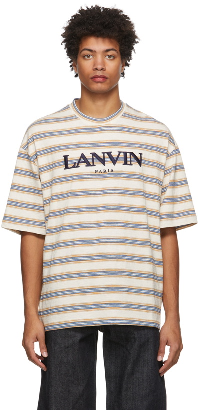Photo: Lanvin Beige Striped Embroidered Logo T-Shirt