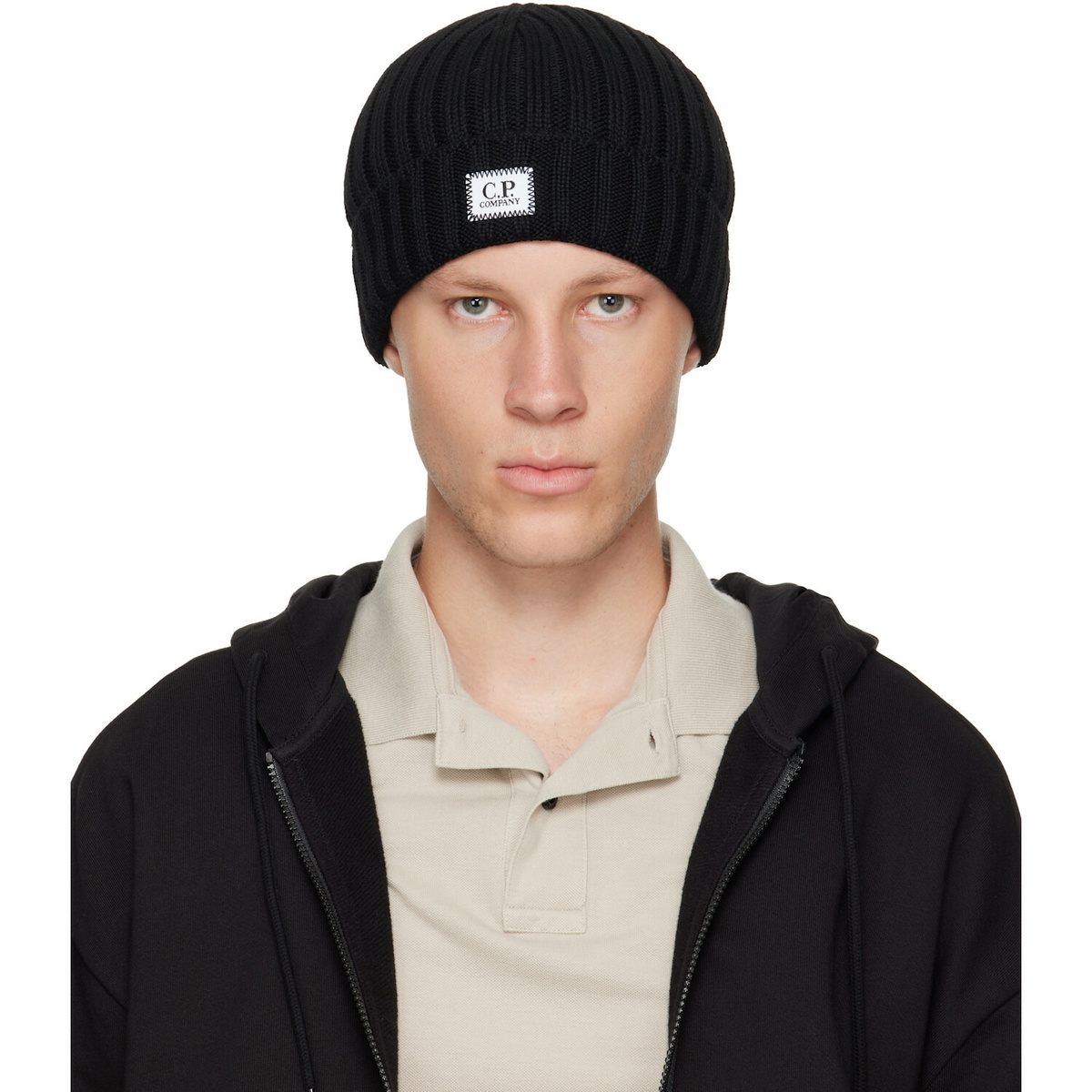 C.P. Company Black Extrafine Merino Wool Logo Beanie