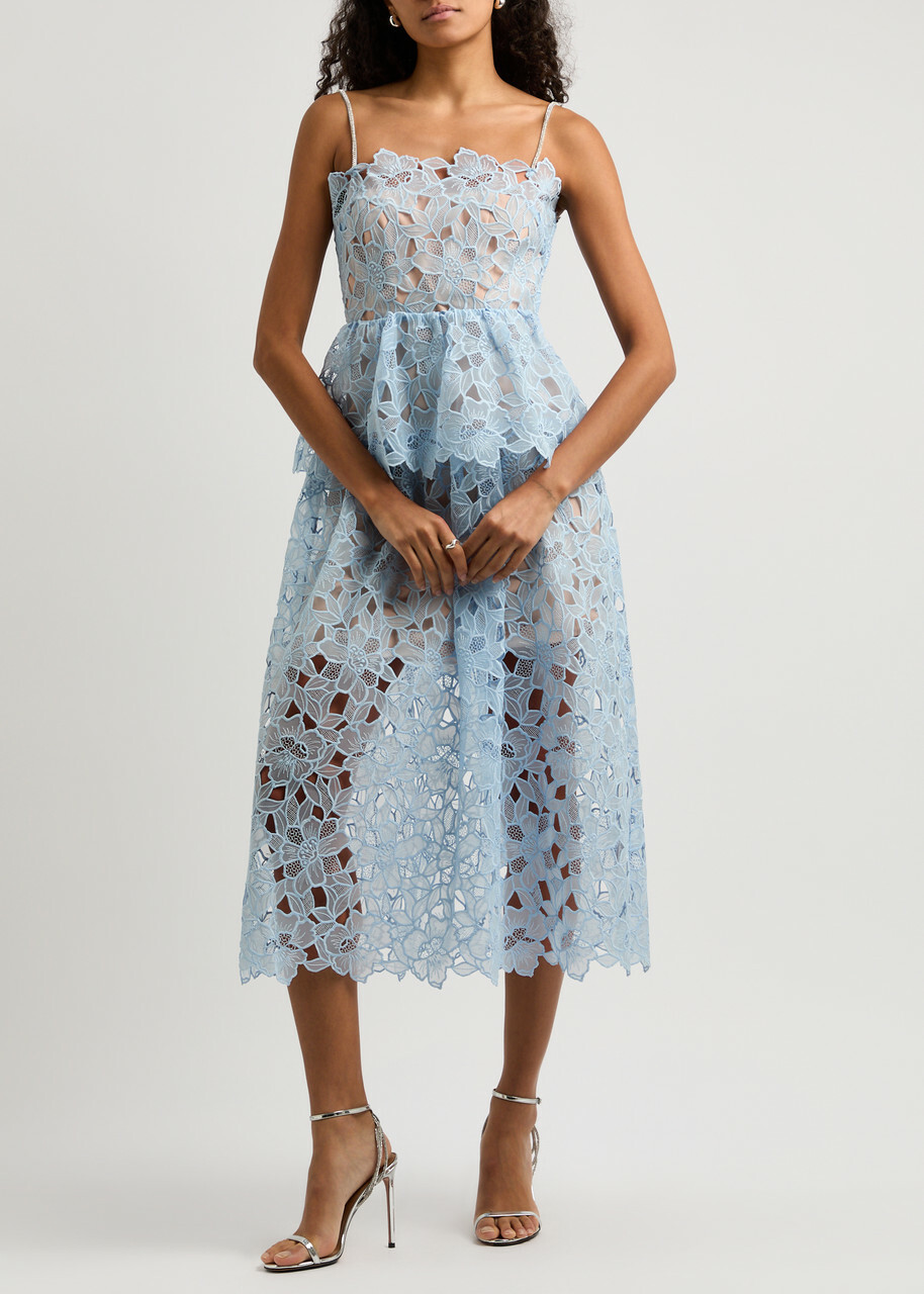 Self-portrait Organza Guipure Lace Midi Dress Light Blue Self-Portrait