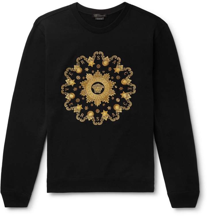 Photo: Versace - Logo-Embroidered Fleece-Back Cotton-Jersey Sweatshirt - Black